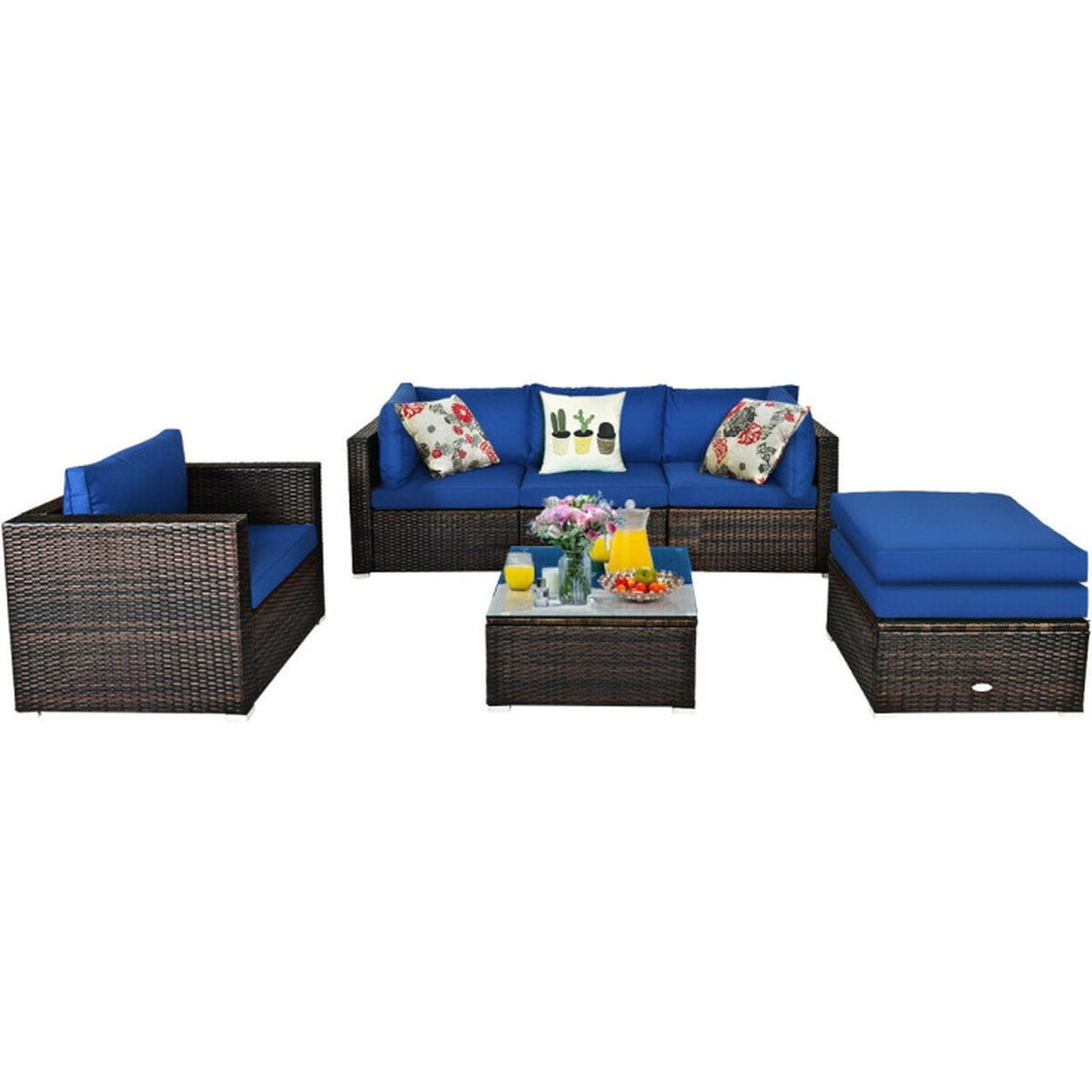 Furnibear 6 Piece Patio Rattan Furniture Set Outdoor Sectional Sofa Conversation Set with Cushions and Glass Table for Backyard Garden, Navy