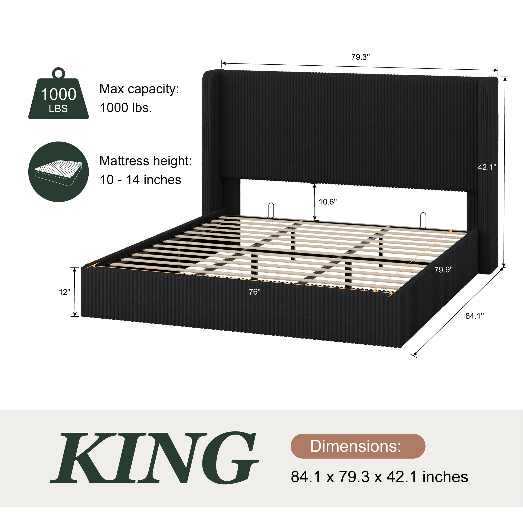 Amolife King size Hydraulic Lift Storage Bed Frame with Wingback Headboard, Corduroy Upholstery, Black