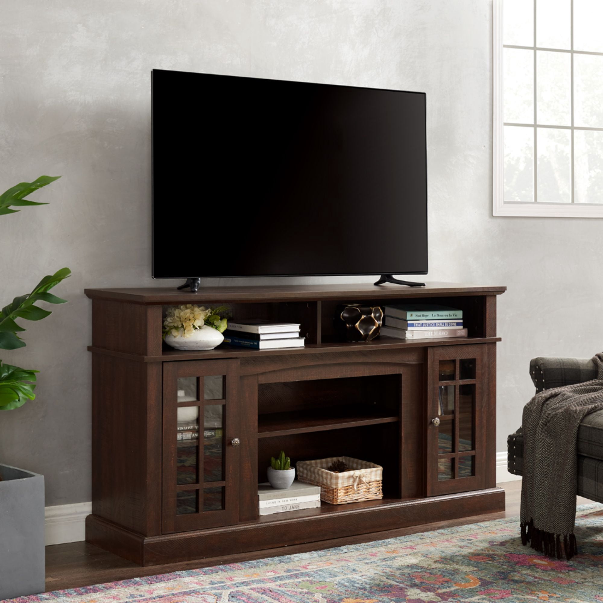 DEALTOPS Farmhouse TV Stand Entertainment Center with Open and Closed Storage Space for TVs Up to 65'', Espresso