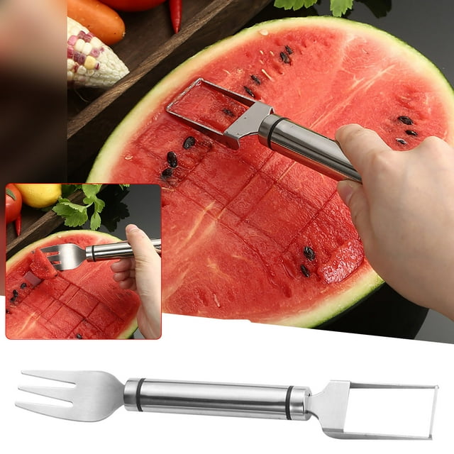 Xihbxyly Cortador de Sandía, Tenedor Rebanador 2 En 1, Cuchillo de Corte Automático, Acero Inoxidable, Diseño Fácil de Usar, Portátil y Ligero, Perfecto para Barbacoas de Verano, Familia, Camping, 1