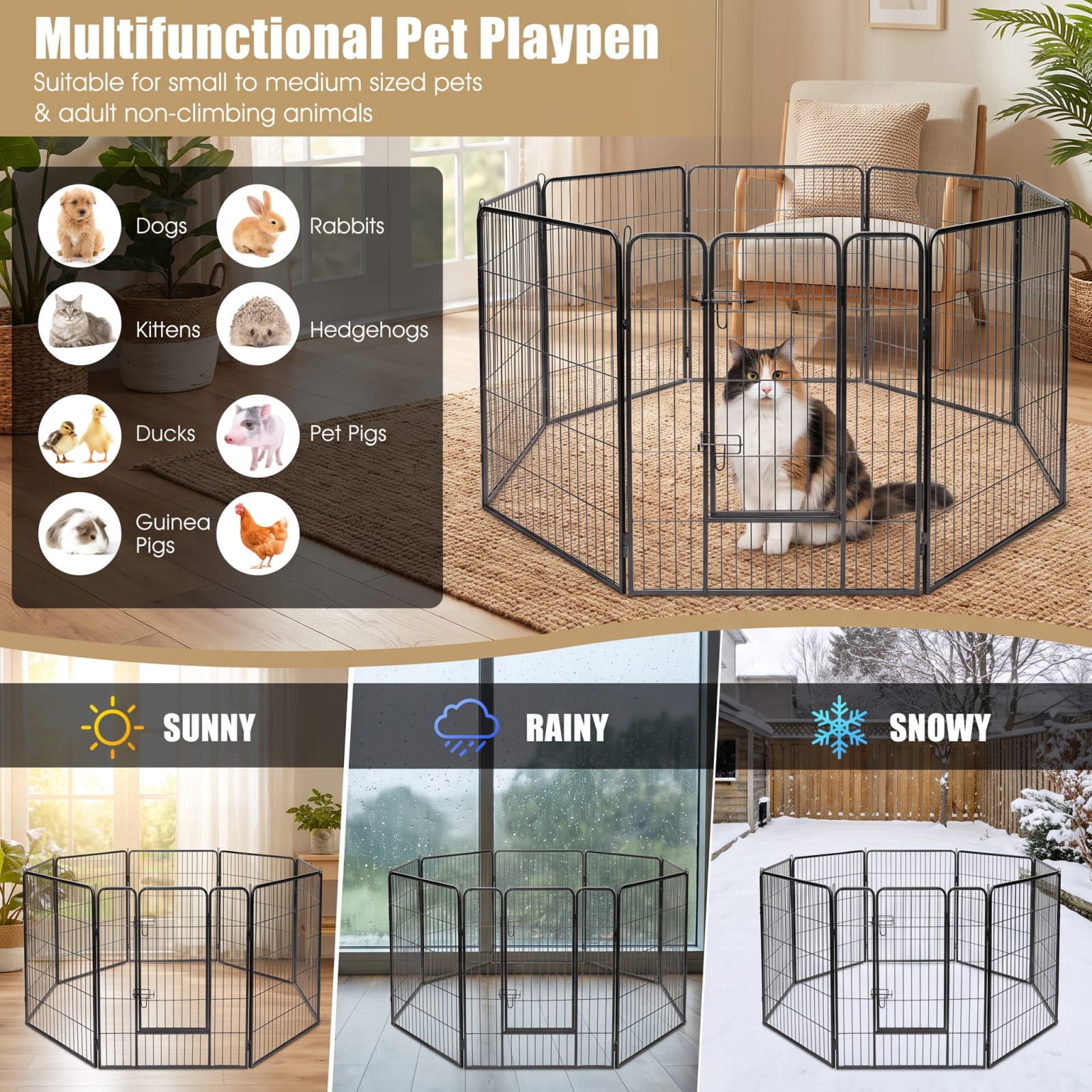 Vebreda Dog Playpen, 8 Metal Panel Heavy Duty Pet Playpen Dog Fence with Door, Heavy-Duty Dog Playpen, Changeable Shape, Added Secure Design