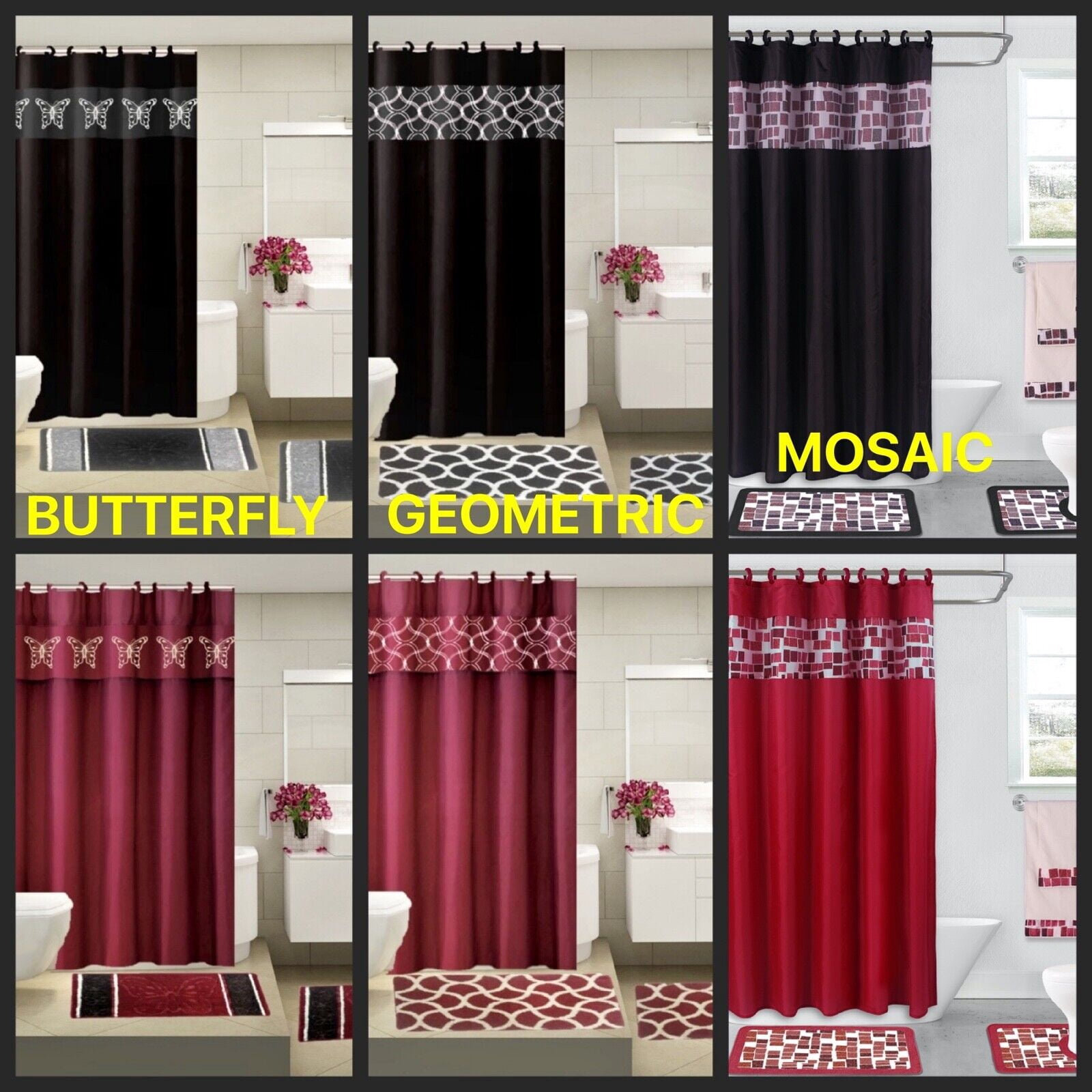 COMPLETE BATHROOM SET 2 BATH MATS 1 SHOWER CURTAIN &FABRIC HOOKS