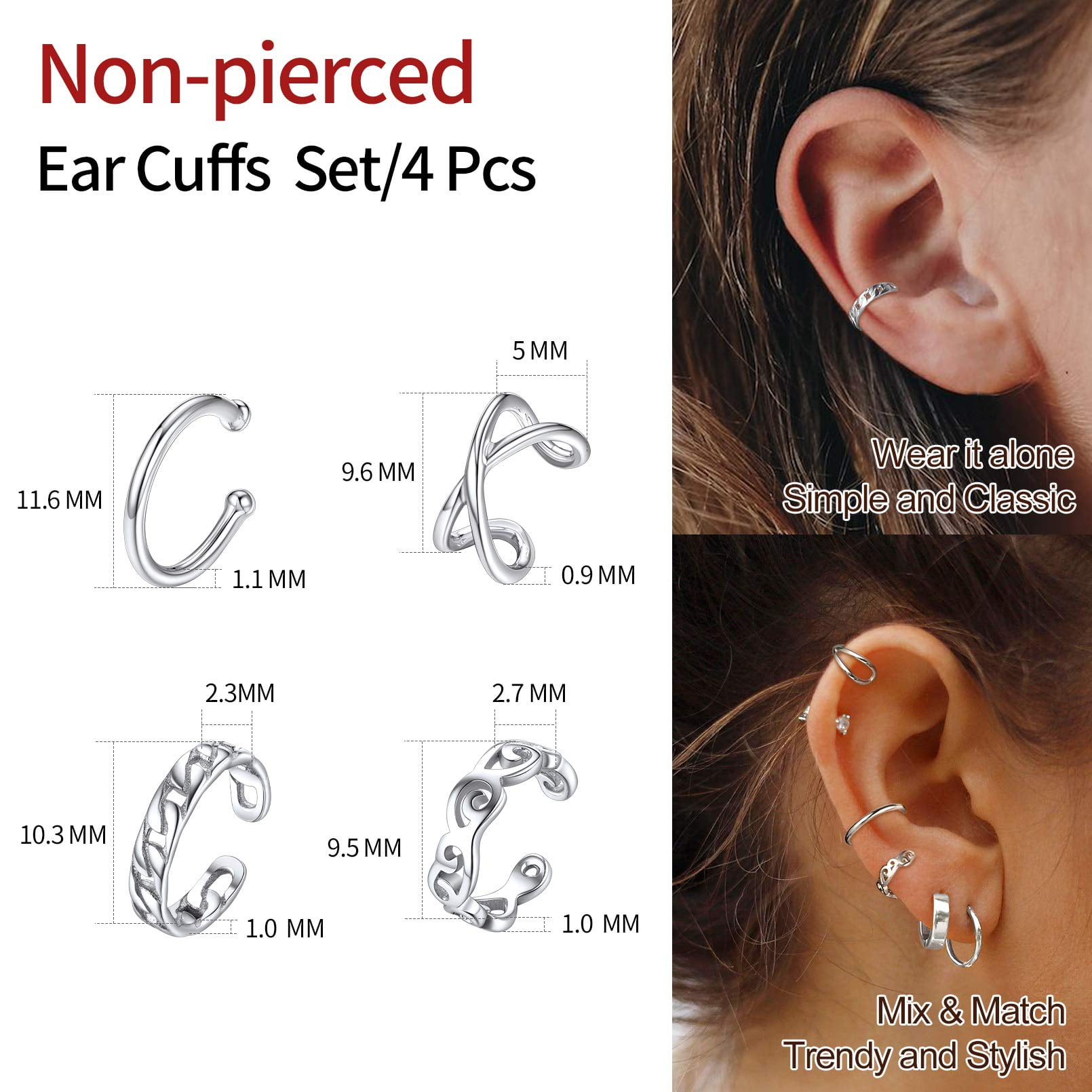 ChicSilver 4 Pcs Ear Cuff for Women Sterling Silver Earrings No Piercing Cartilage Earring Clip On Cartilage Earrings for (Silver)