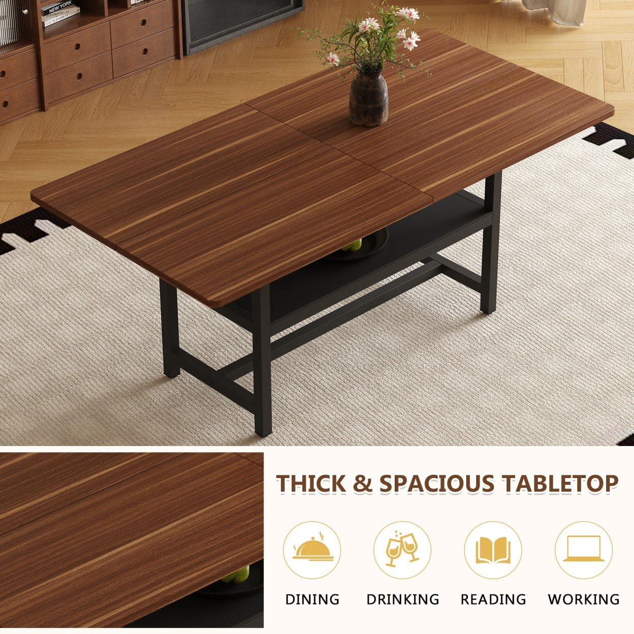 71 * 35.4" Dining Table for 6-8, Modern Rectangular Kitchen Table with Wood Grain MDF Top, Storage Shelf, Black Metal Legs for Dining Room & Living Room, Walnut
