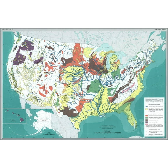 24"x36" Gallery Poster, map of Ground Water in united states pub 1970