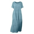thumbnail image 5 of FRSASU Robe en Coton et Lin Femme à Manches Courtes Col Rond Robe Maxi Bohème Décontractée Été Modeste Longue Fluide Plage Vacances Robes Bleu Clair m(m), 5 of 5