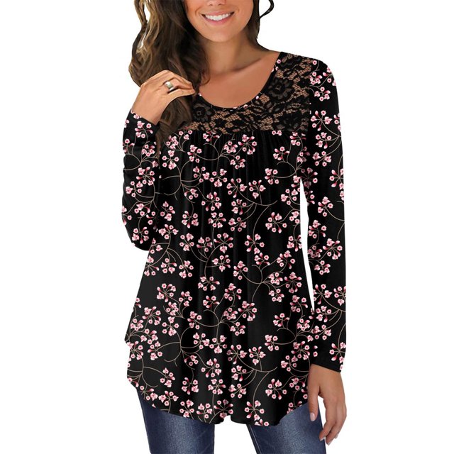 Pntutb Mujer Casual Suelta Manga Larga Impreso Túnica Tops Panel De Encaje Plisado Camisetas Blusas Pntutb Pntutb-83