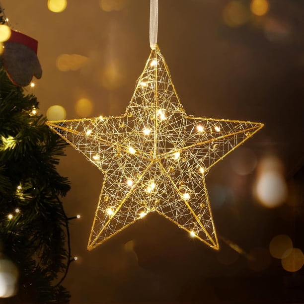 Lámpara colgante de estrella navideña para exteriores, luz LED para porche que funciona con pilas y tiene cuentas, lámpara colgante de estrella con forma de farol blanco cálido para Navidad, adorno