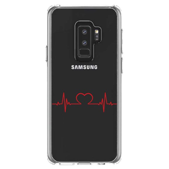 DistinctInk Clear Shockproof Hybrid Case for Samsung Galaxy S9  PLUS (6.2" Screen) - TPU Bumper Acrylic Back Tempered Glass Screen Protector - Heart Pulse EKG Red Valentine