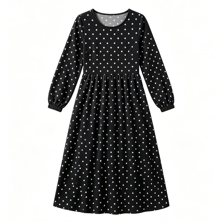 winter semi dress Ovbmpzd formal Fall Wedding Guset Dresses for Women Long Sleeves Elegant Polka Dots Black Crew Neck Work Dresses,S Dark Navy Junior Bridesmaid ff:bts_14032024 Size:6-6X