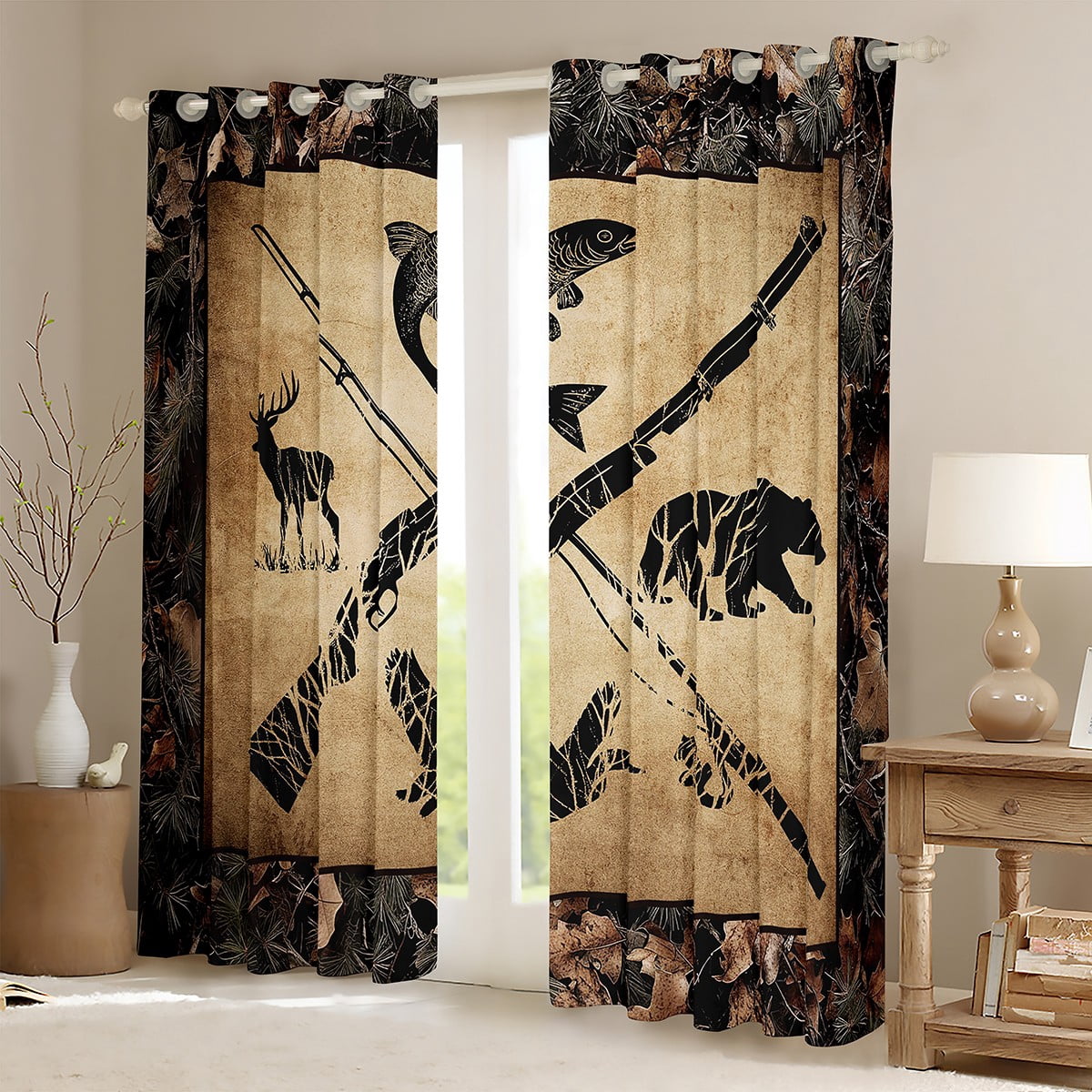 Hunting And Fishing 30%-50% Blackout Curtains 38"Wx45"L Tree Branches Camo Window Curtains For Bedroom,Woodland Wildlife Bass Fish Duck Bear Deer Rustic Farmhouse Cabin Curtains 2 Panels