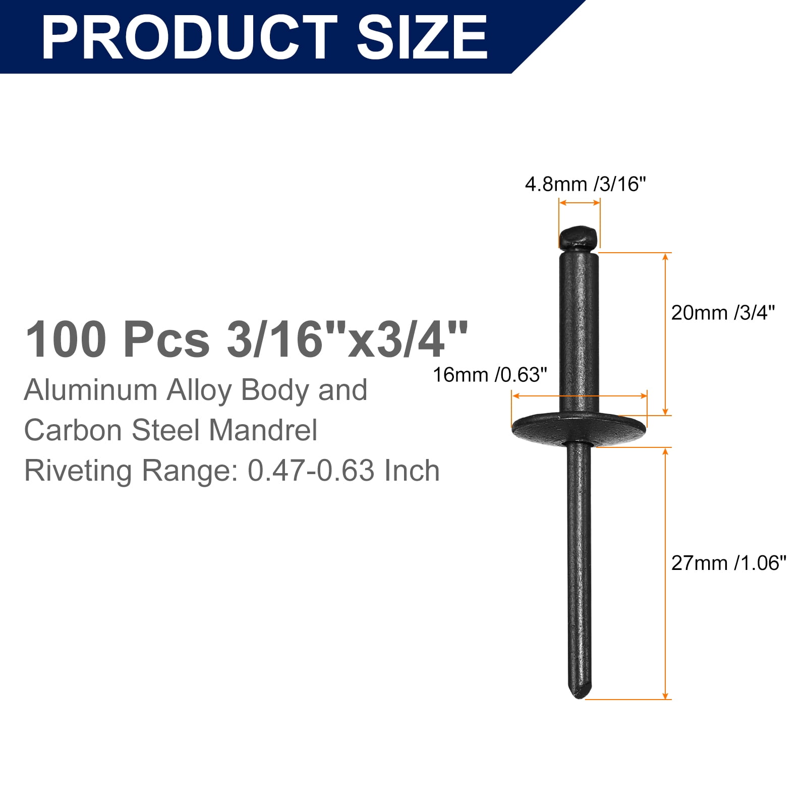Uxcell 100Pcs 3/16"x3/4" Aluminum Blind Rivets, Large Flange Rivets Fasteners, Black