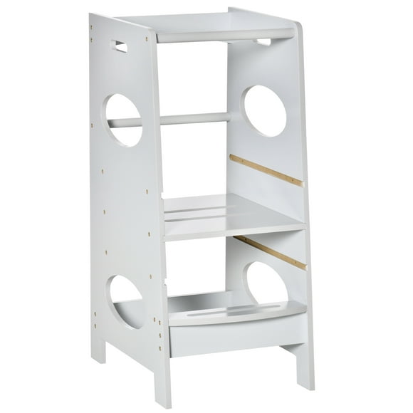 HOMCOM Toddler Kitchen Step Stool with Adjustable Standing Platform & Safety Rail, Grey