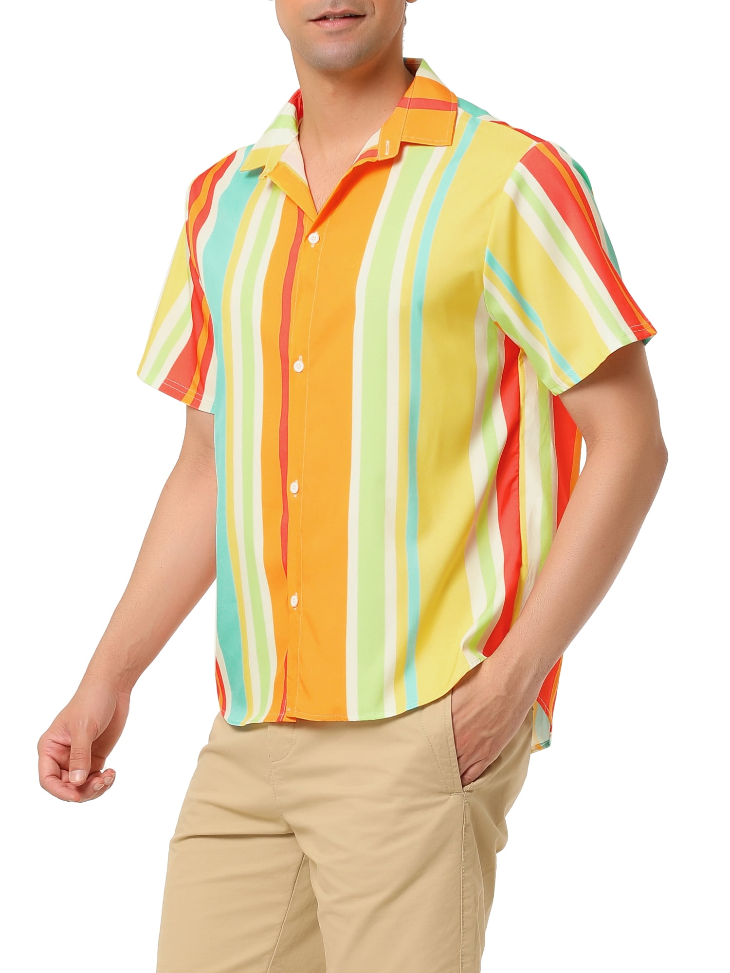 Unique Bargains Men's Summer Striped Shirt Short Sleeve Button Down Beach Shirts S Orange Green Yellow