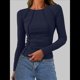 thumbnail image 4 of Tops de Larga Acanalados para Mujer, Camiseta Corta Ajustada y Elástica con Costuras Expuestas, Camiseta de Moda para y Otoño. Azul Marino S, 4 of 8
