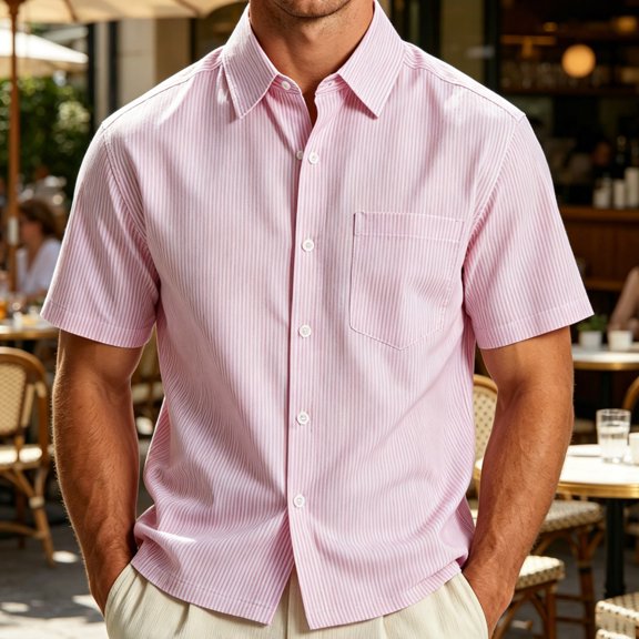 COSFO Casual Mens Summer Button Down Shirts Short Sleeve Striped Shirt Loose Fit with Pocket Collared Men Shirts