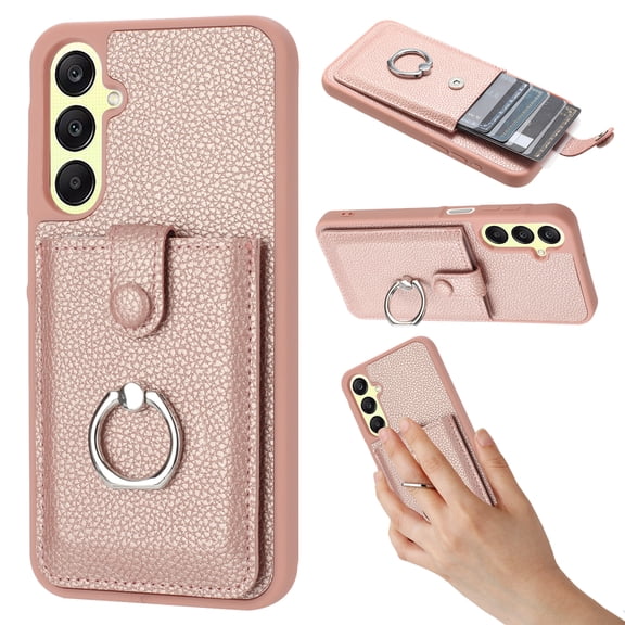 Compatible with Samsung Galaxy A25 5G Wallet Phone Case,360°Rotation Finger Ring Holder Kickstand,with Card Holder,Lychee Pattern PU Leather Durable Shockproof Rugged Phone Case,Rosegold
