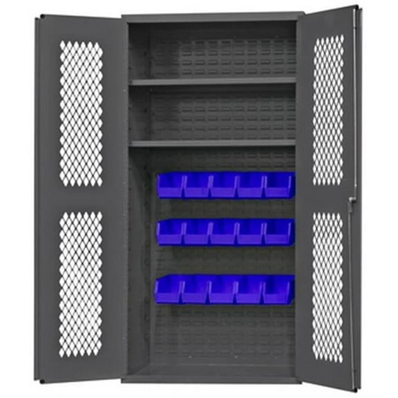 14 Gauge Lockable Ventilated Clearview Cabinet with 15 Blue Hook on Bins & 2 Adjustable Shelves, Gray - 36 in.