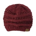 thumbnail image 2 of C.C BeanieTail Soft Stretch Cable Knit Messy High Bun Ponytail Beanie Hat, Confetti Maroon, 2 of 2