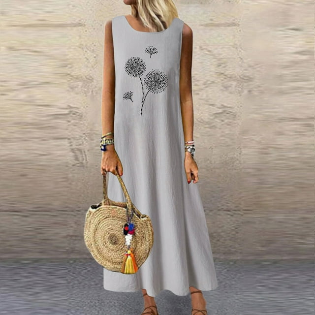 Mefallenssiah Mode Femmes Robes d'Été Casual Col Rond Poche Sans Manches Plage Longue Robe
