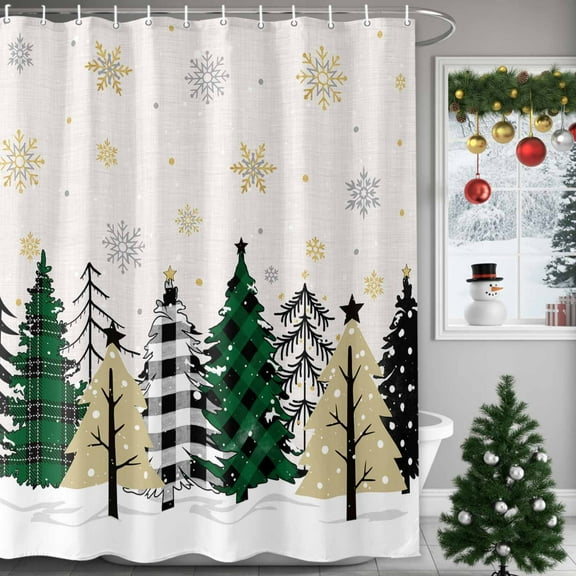 Christmas Shower Curtain Buffalo Plaid Xmas Tree Shower Curtains for Bathroom Winter Holiday Xmas Decor, Waterproof Polyester Shower Curtain Set with Hooks, 72" x 72" Snowflake Beige