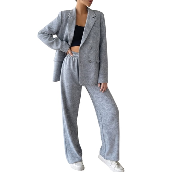 Womens Dressy Casual Outfits 2 Piece Comfy Cotton Suit Blazer Jacket and Elatic Waisted Wide Leg Pant Sets (XL, Gray)
