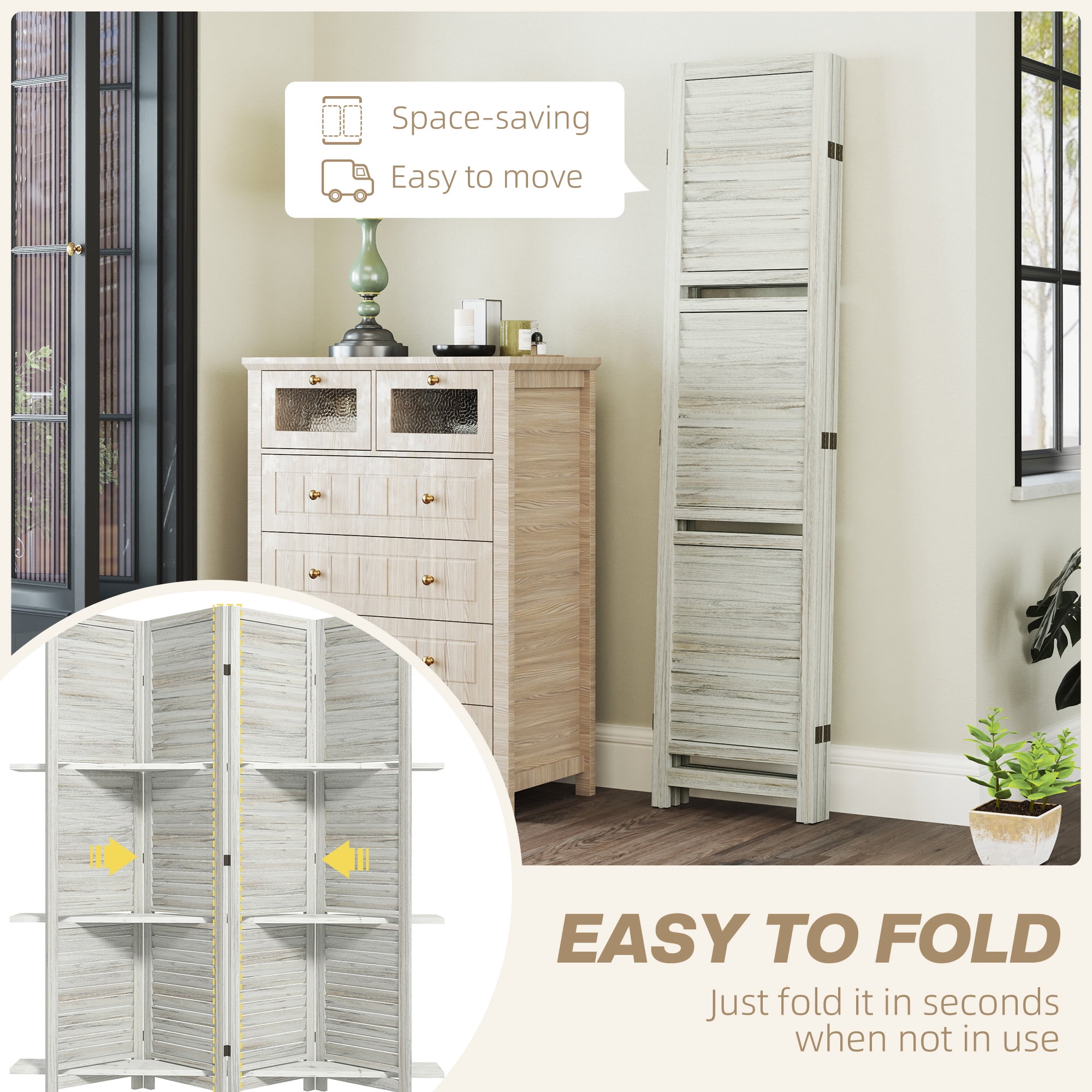 HOMCOM 4 Panel 67" Tall Wood Privacy Screen Room Divider with 3 Display Shelves, and Folding Storage for Bedroom or Home Office, Distressed White