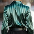 thumbnail image 6 of Breezora Elegant Satin Blouse For Women Long Sleeve Cowl Neck Work Shirt With Vintage Stripe Design Chic Office Top S Size Green, 6 of 7