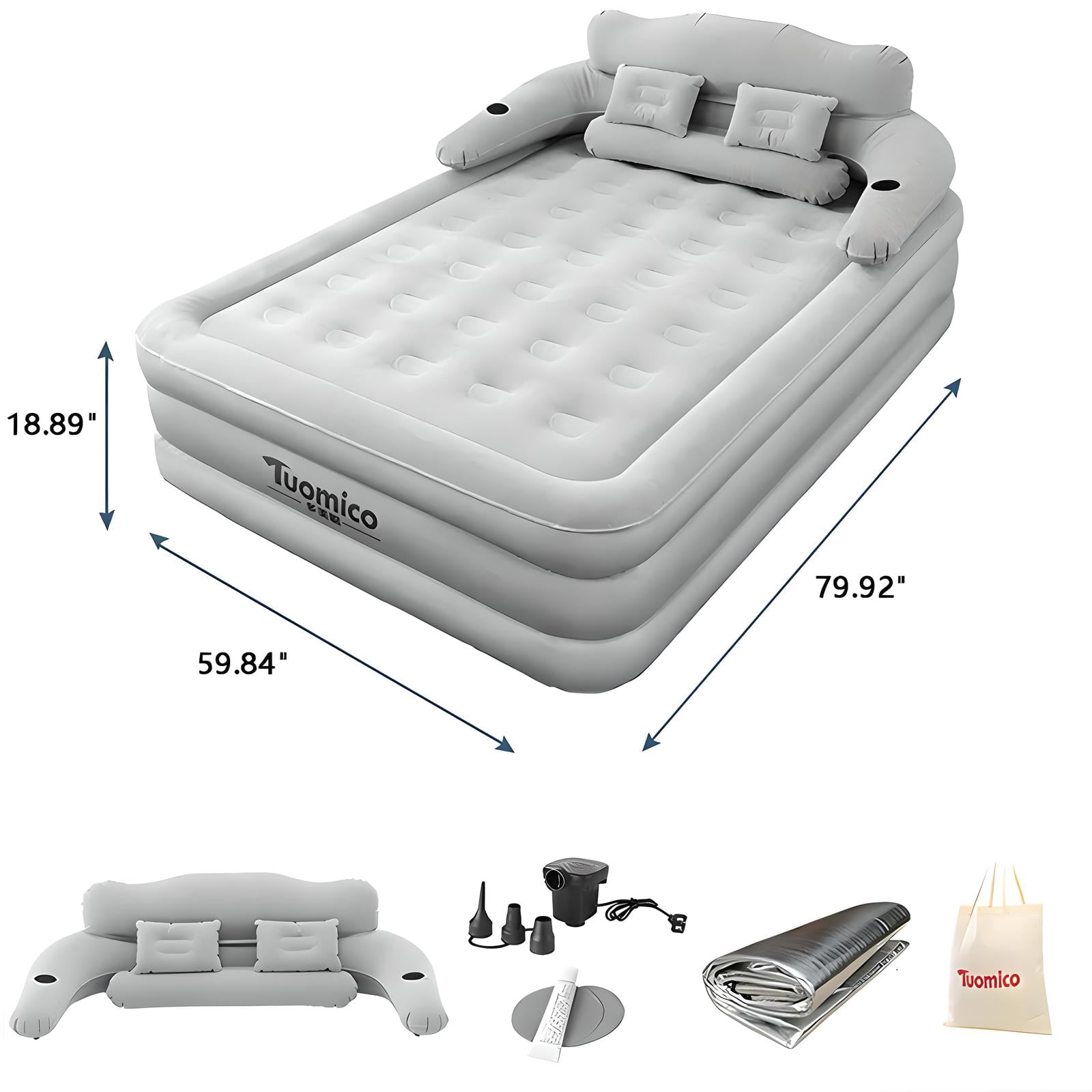 Yyuan 18in Air Mattress, Queen Airbed with Headboard, Inflatable Mattress Camping，Inflatable airbeds for indoor and outdoor use