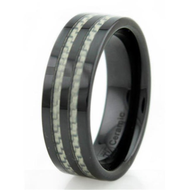 Black Ceramic Mens Ring with White Carbon Fiber Inlay - Size 12