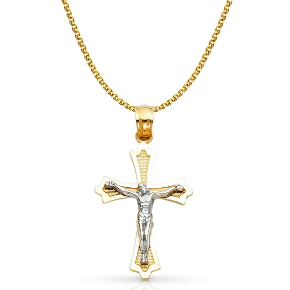 14K Two Tone Gold Jesus Crucifix Cross Pendant with 1.2mm Flat Open Wheat Chain Chain Necklace - 22"