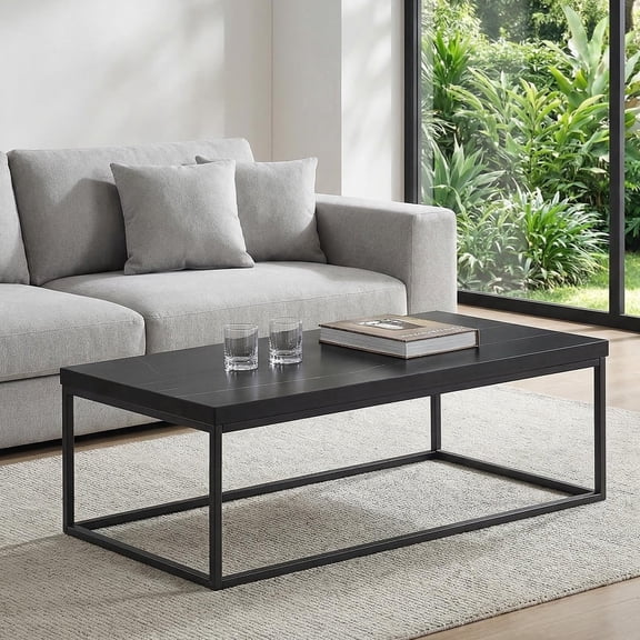 Censi 47" Black Marble Coffee Table, Rectangular Modern Design, 1.6" Thick Top, Wood & Durable Metal Frame