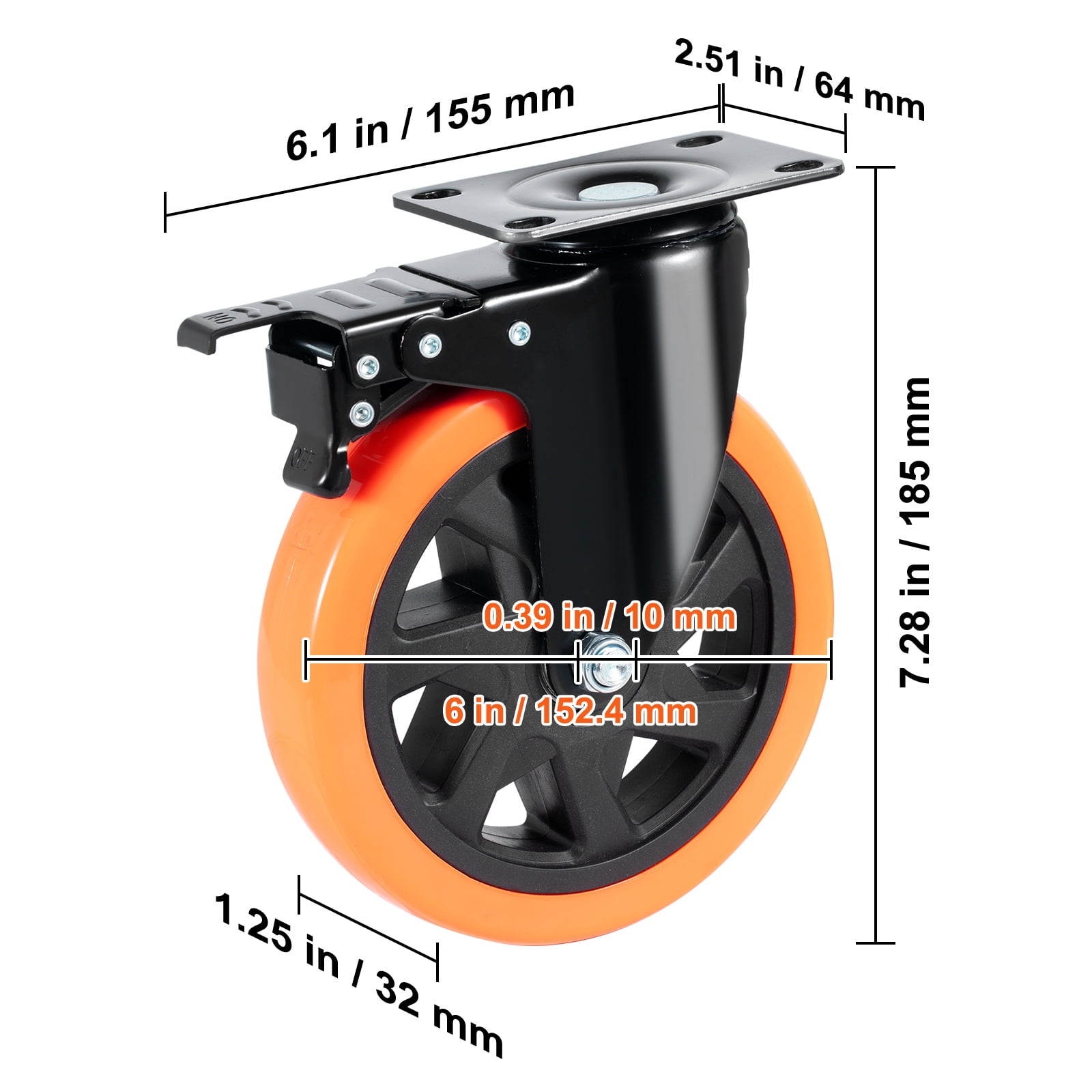 KFFKFF Caster Wheels, 6-inch Rotating Plate Casters, 4-Pack, with Safety A/B Locks, Quiet PVC Wheels, Durable 700 lbs Capacity Each, Scratch-Free Wheels for Carts, Furniture, Workbenches