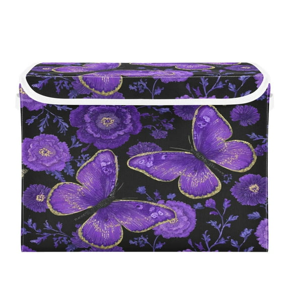 Large Collapsible Storage Box Flip Lid Fabric Decorative Organizer Container Basket with Handles 16.5×12.6×11.8in Retro Purple Butterfly and Flowers