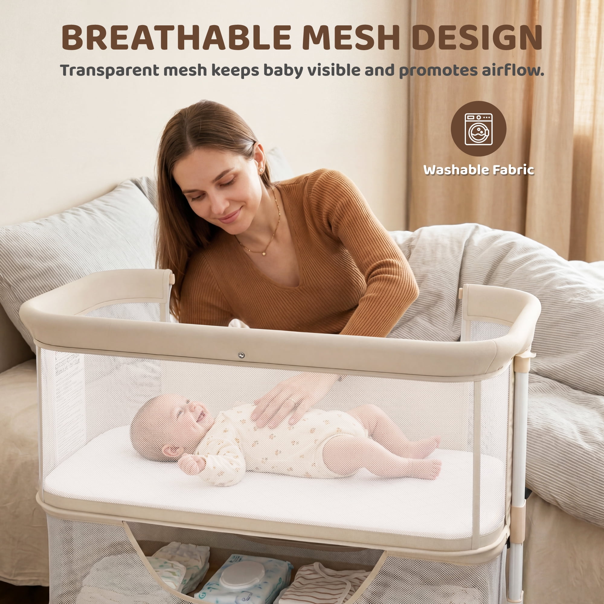 AILEEKISS Bedside Bassinet for Newborn, 6 Height Adjustable Baby Bassinet with Mosquito Net, Beige