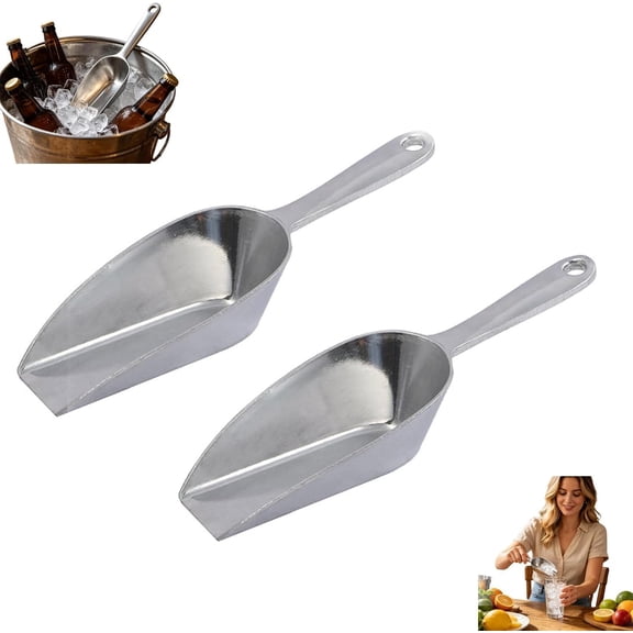 Thickened Aluminum Food Ice Scoop Set, 2 Pack Heavy Duty Metal Utility Scoops for Ice Cubes Rice Flour, Kitchen Restaurant Bar Commercial Use