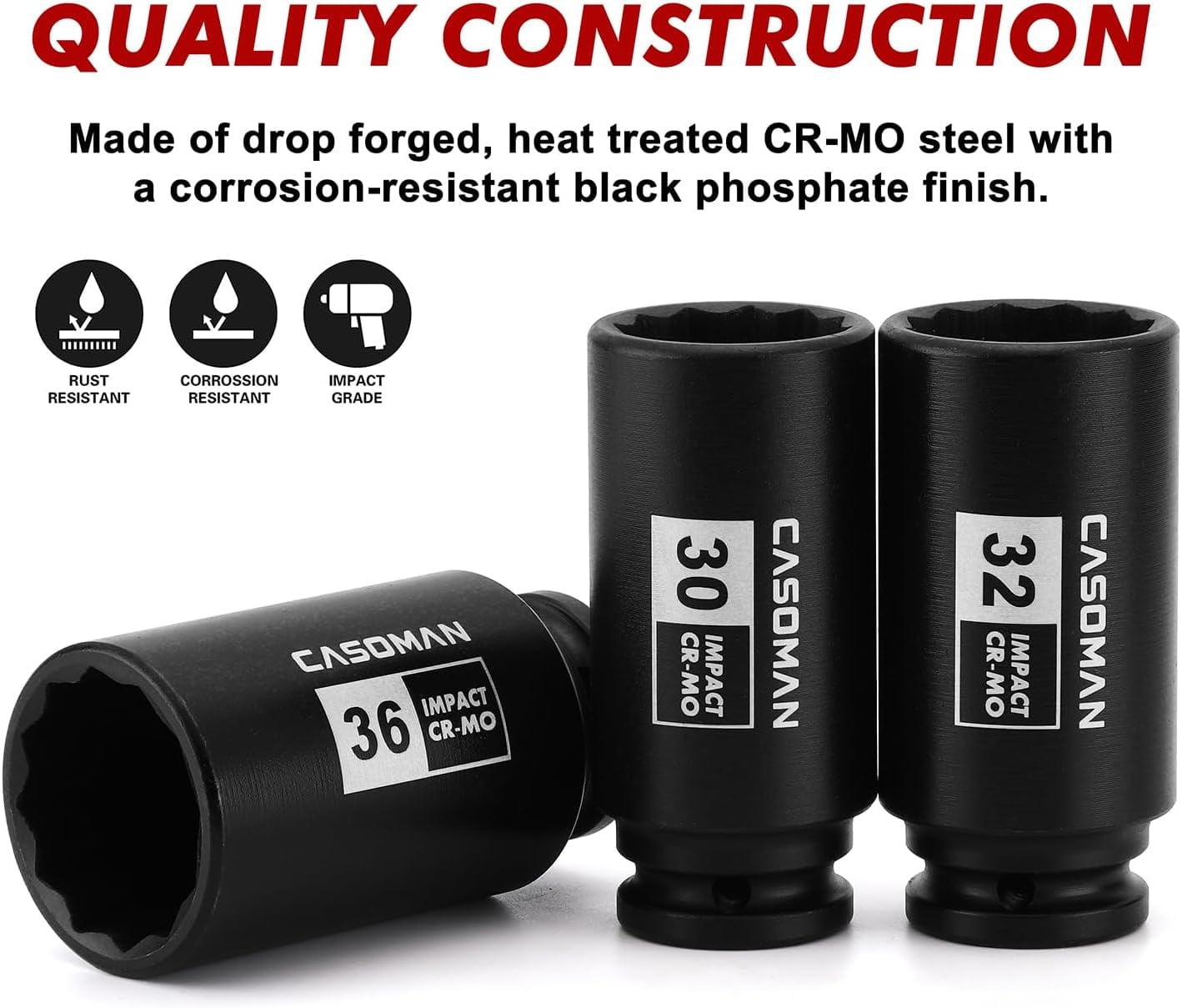 CASOMAN 1/2-inch Drive Deep Spindle Axle Nut Impact Socket Set,12 Point Metric, CR-MO, 30,32,34,36mm, 4-Piece 1/2" Heavy Duty Impact Socket Set