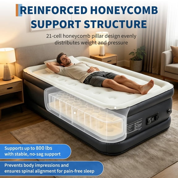18" Raised Air Mattress with Built-in Pump – Inflatable Bed with Cup Holder, Flocked Waterproof Top, Supportive Design for Home, Guest, Camping