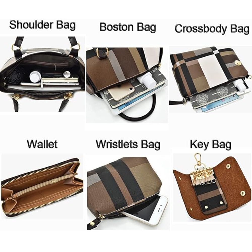 6PCS/Set Leather Handbags, Womens Handbags Tote Bags Shoulder Bag Purses Satchel Bag Top-Handle Handbag Crossbody Bag Wallet Clutch, Brown