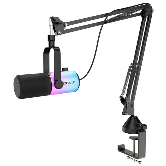 FDUCE USB/XLR Gaming Dynamic Microphone for Podcast Recording, PC Computer Gaming Streaming Vocal Mic with RGB Light, Mute Button, Gain Kno