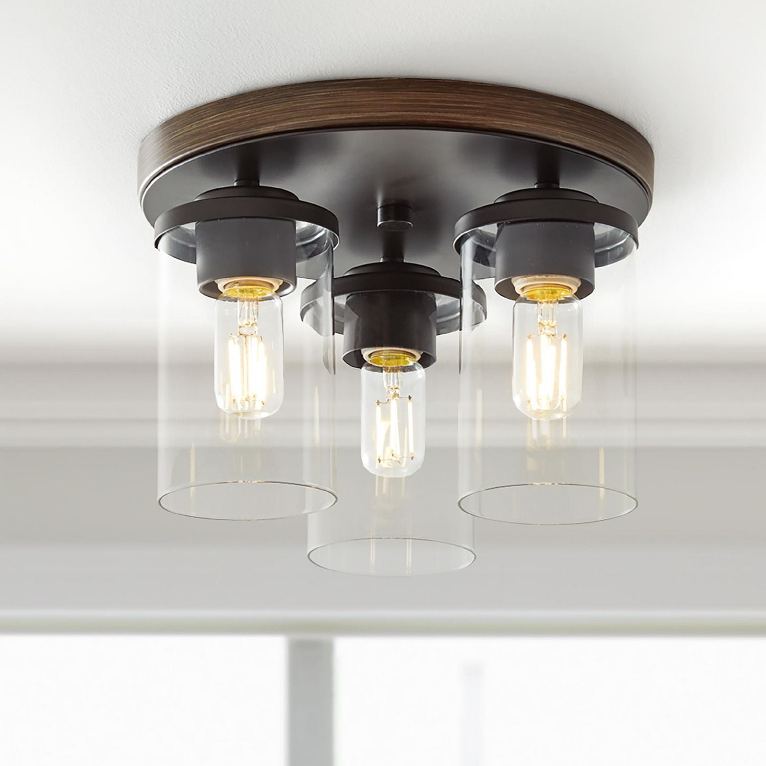 Better Homes & Gardens 12" Farmhouse 3-Light Walnut Flush Mount Ceiling Light, Clear Glass Shades, 12" Farmhouse 3-Light Walnut Flush Mount Ceiling