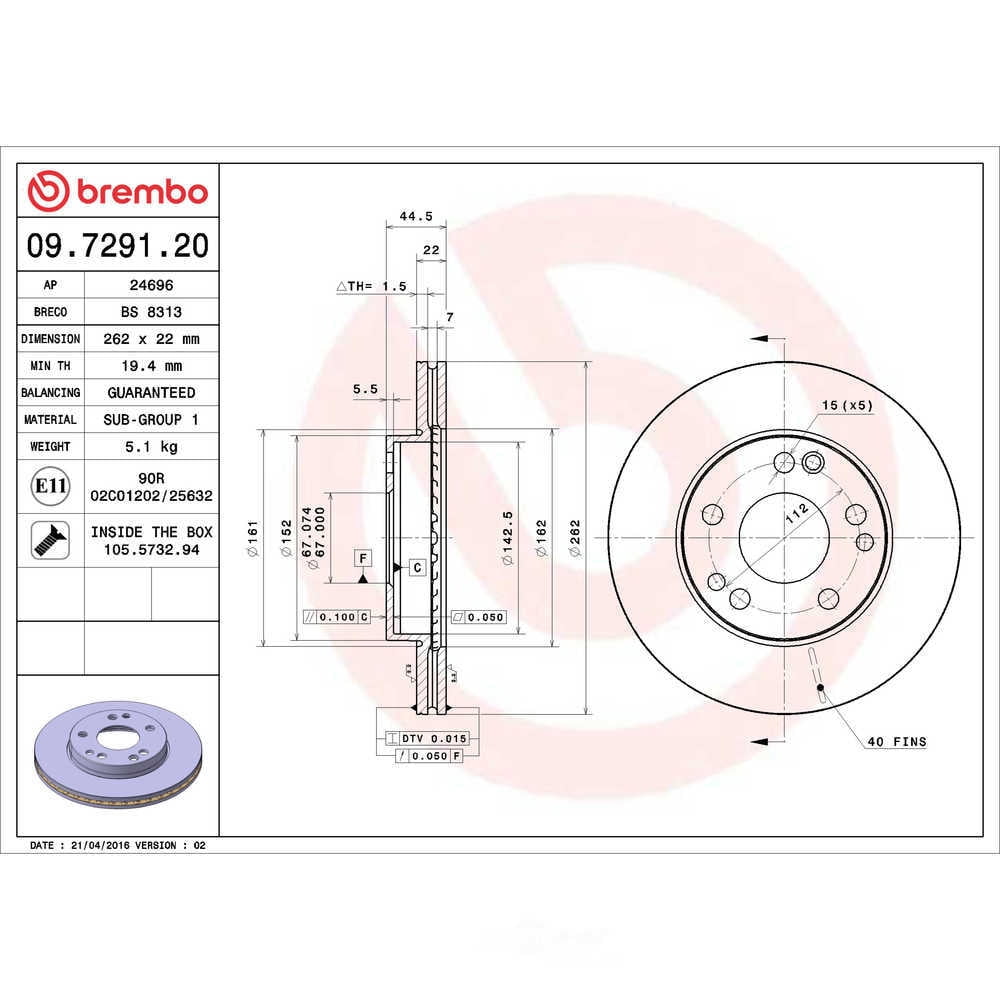 Brembo 09.7291.20 Premium Vented Brake Rotor
