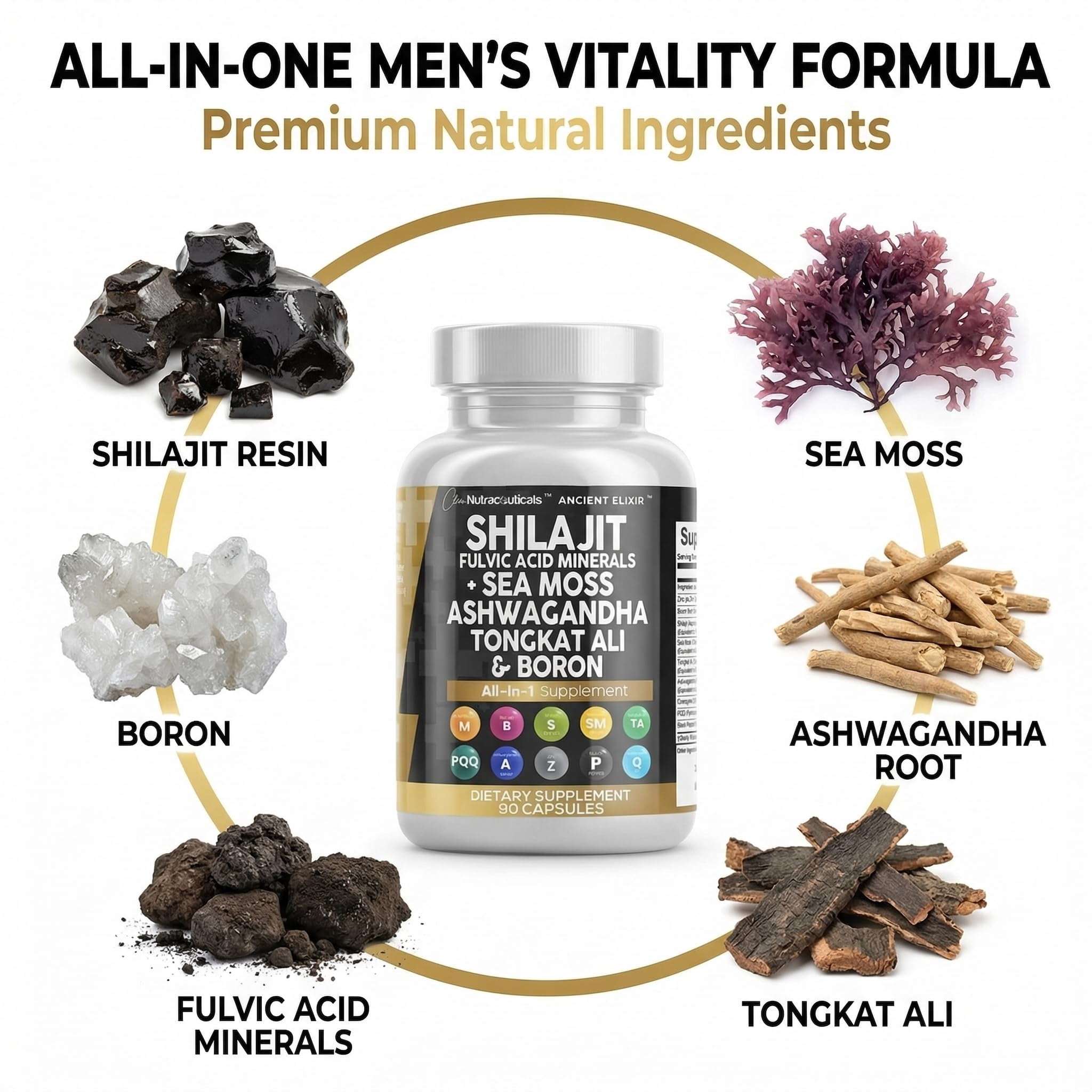 Clean Nutraceuticals Shilajit Supplement for Men with Sea Moss, Tongkat Ali, Ashwagandha, Boron, Zinc, CoQ10, PQQ - Fulvic Acid Capsules - Energy Support - 90 Count - Resin, Gummy & Powder Alternativ