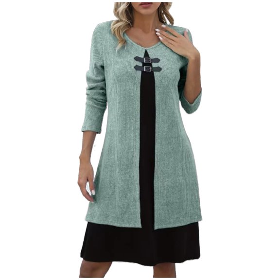 Oplxuo Women's Fake-Twi-Pieces Sweater Dress, Crewneck Loose Long Sleeve Fall Winter Knit Knee Lenght Dresses
