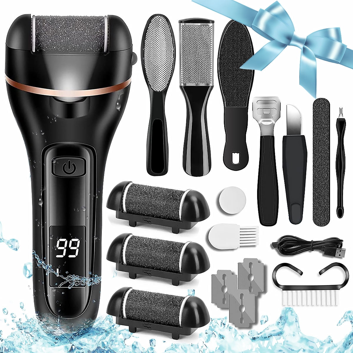 Callus Remover for Feet - Rechargeable Electric Callus Remover Kit, Professional 18 in 1 Foot File Pedicure Kit with 3 Coarse Roller Heads Smart LED Light for Dead,Hard Cracked Dry Skin