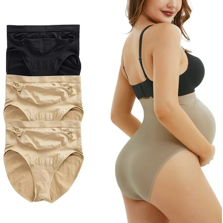 

CtriLady Women’s High Waisted Pregnancy Underwear Seamless Maternity Panties Belly Support Briefs Over Bump 3 Pack Panty(Beige Large)