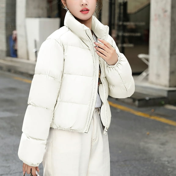 Axiiglly Puffer Jacket for Women Hiking Workout Cropped Bread Jackets Warm Padded Quilted Jackets Casual Zip Up Jackets Loose Fit Solid Color Winter Coats with Pockets