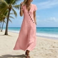 thumbnail image 6 of Women's Cotton Linen Midi Dress Summer Short Sleeve V‑Neck Asymmetrical Button Casual Dress with Side Pockets Pink XL(XL), 6 of 6