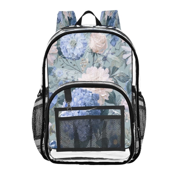 PVC Transparent Backpacks Clear Backpack for Travel and Outings Blue and White Flower Pattern