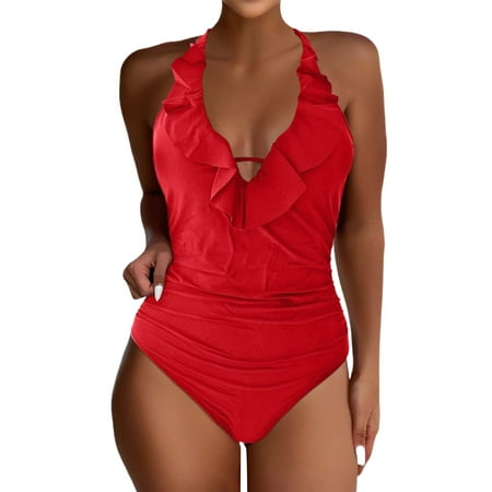 Biziza Red One Piece Swimsuit Women Trendy with Built in Bra Backless Padded Tummy Control Swimsuits 2025 Basic V Neck Solid Color Spandex Bathing Suits